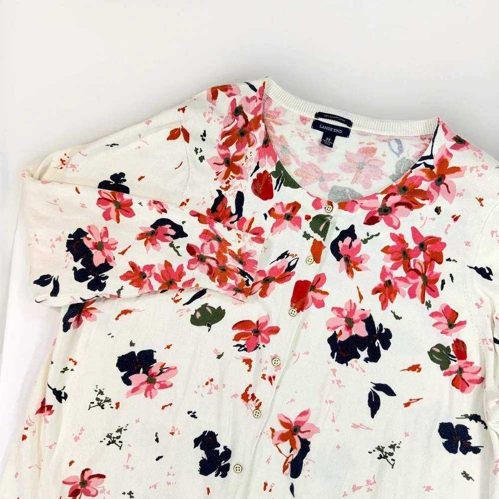 Lands' End Women's 3X Floral Button Front Cardigan Sweater Supima Cotton Cottage - Picture 2 of 9